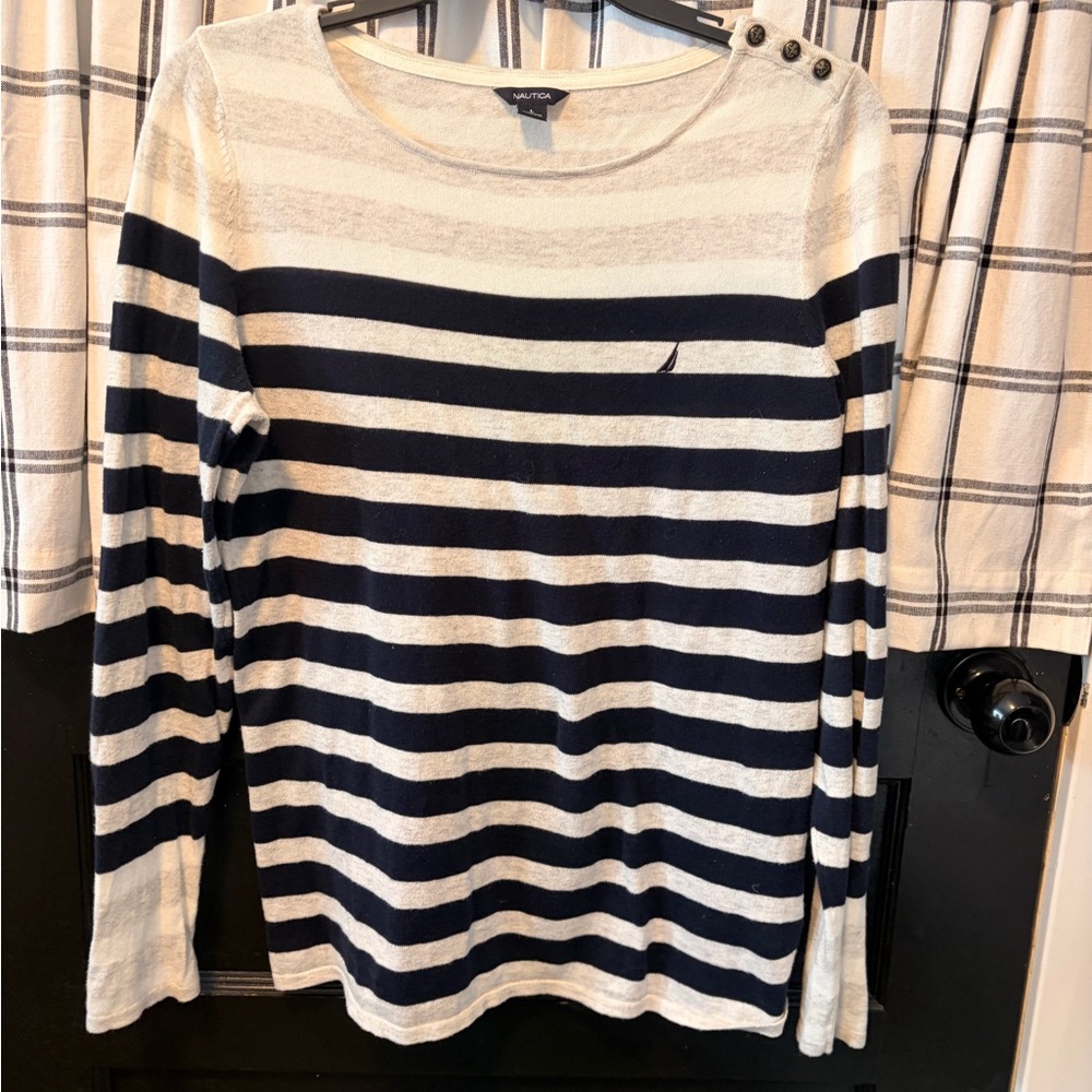 Nautica Navy and White Striped Sweater